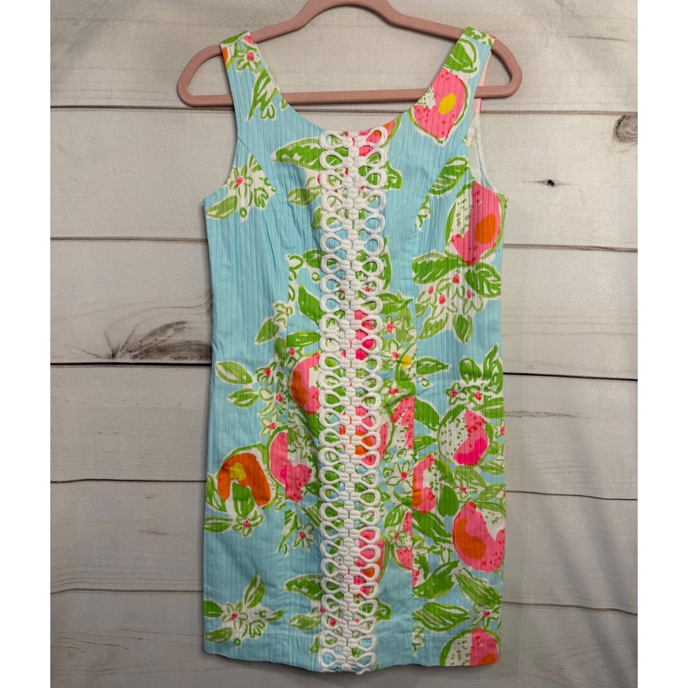 Lilly Pulitzer Blue Seersucker Fruit Print Shift Dress White Lattice Trim Size 2